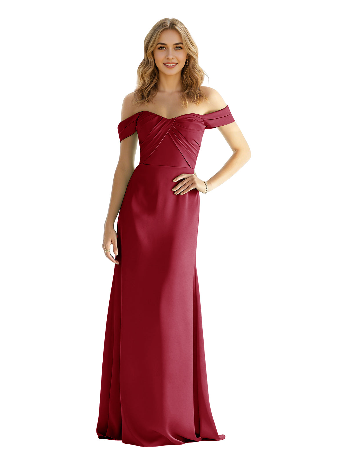 Deep red satin off-shoulder bridesmaid dress with wrapped sweetheart bodice