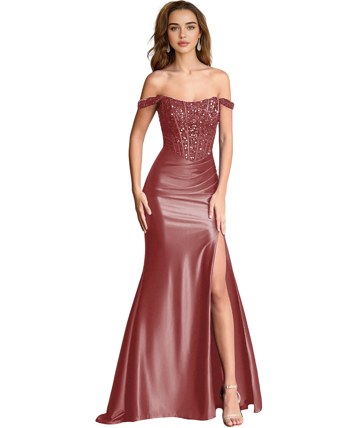 Off-shoulder sequin satin mermaid dress with draped slit, dusty rose