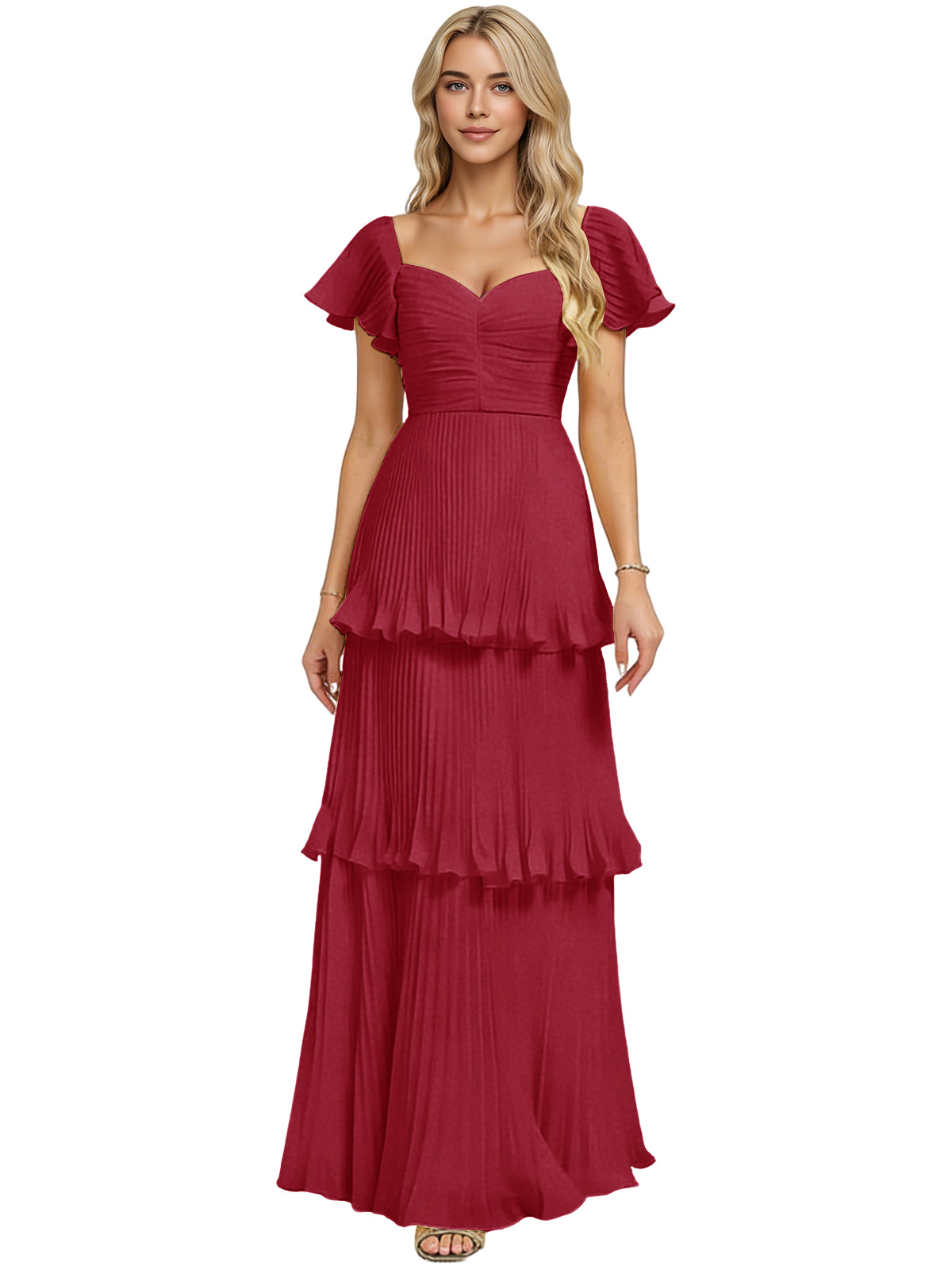Tiered ruffle chiffon bridesmaid dress, berry red, sweetheart neckline