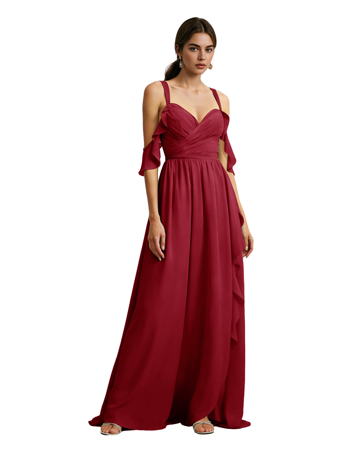 Cold-shoulder chiffon bridesmaid dress in fuchsia red, draped V-neck bodice, long flowing skirt