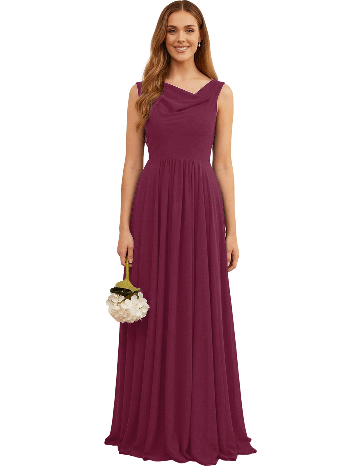 Mauve sleeveless chiffon bridesmaid dress with pleated skirt and jewel neckline
