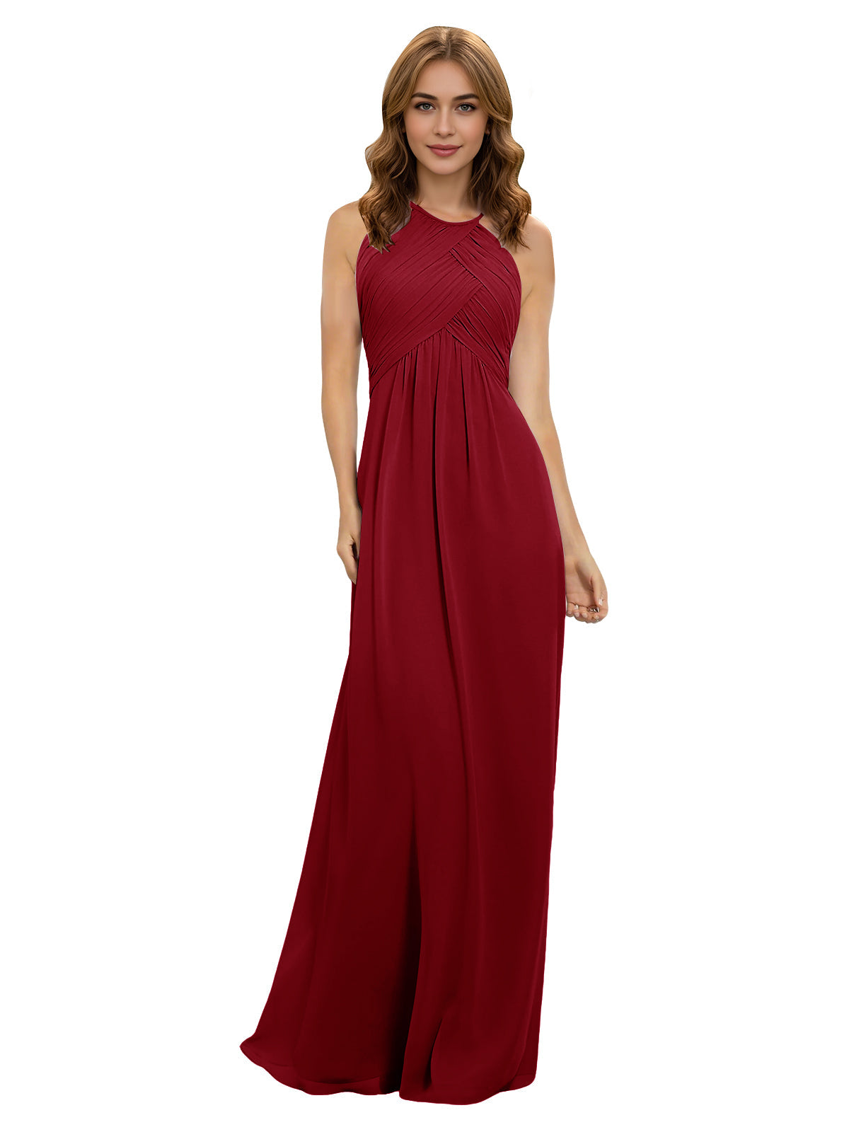 Red chiffon bridesmaid dress with twisted halter neckline and keyhole bodice