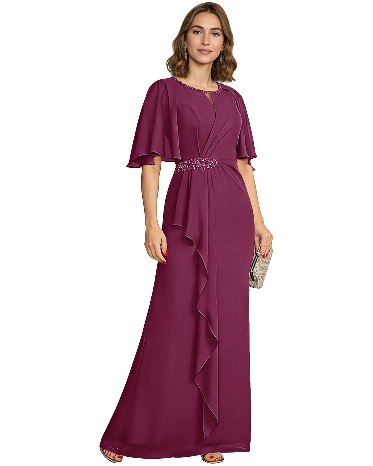 Plum chiffon A-line formal gown with flutter sleeves and beaded waist detail.