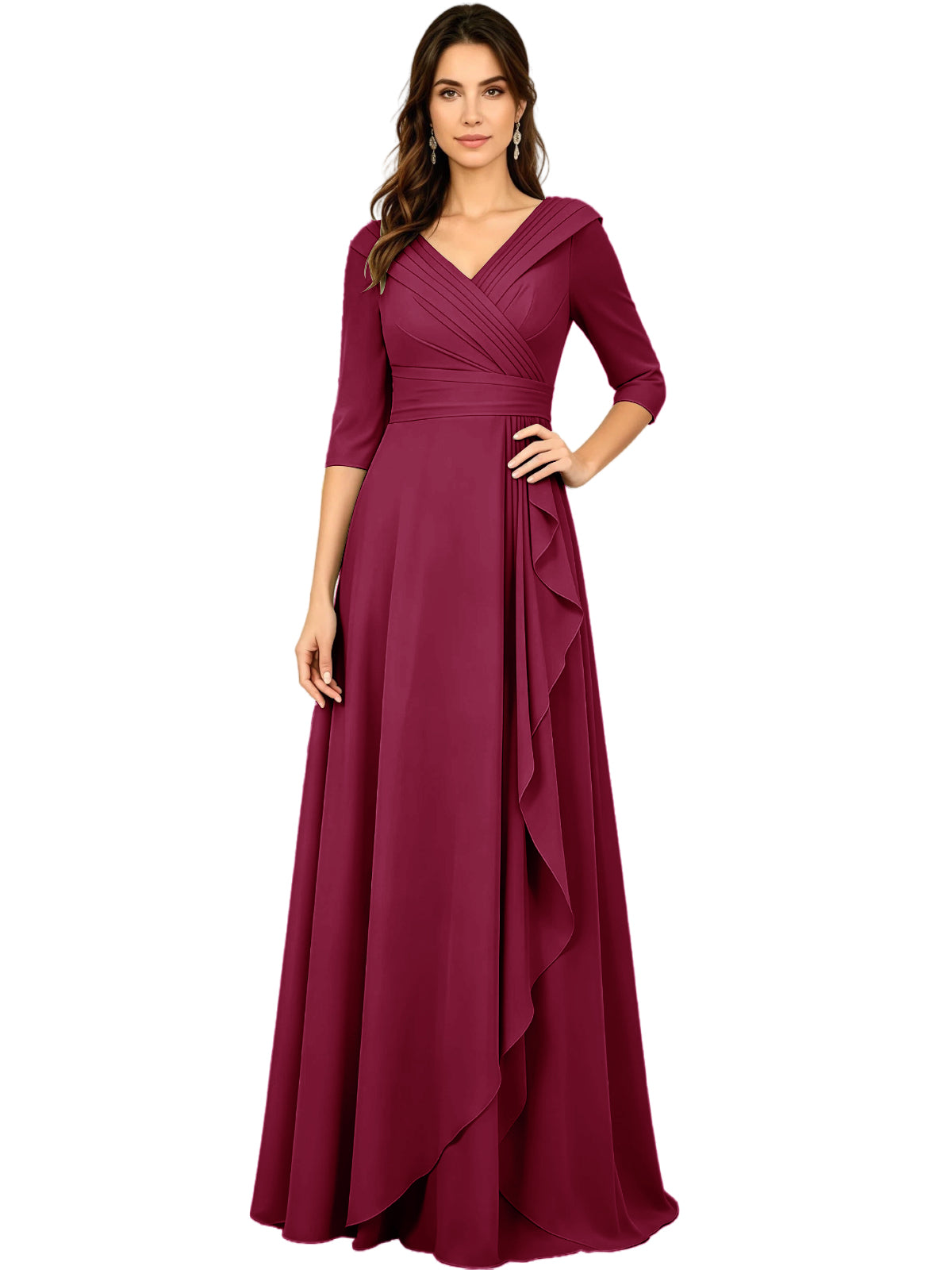 Long A-line V-neck half-sleeve chiffon dress in burgundy with side ruffle panel