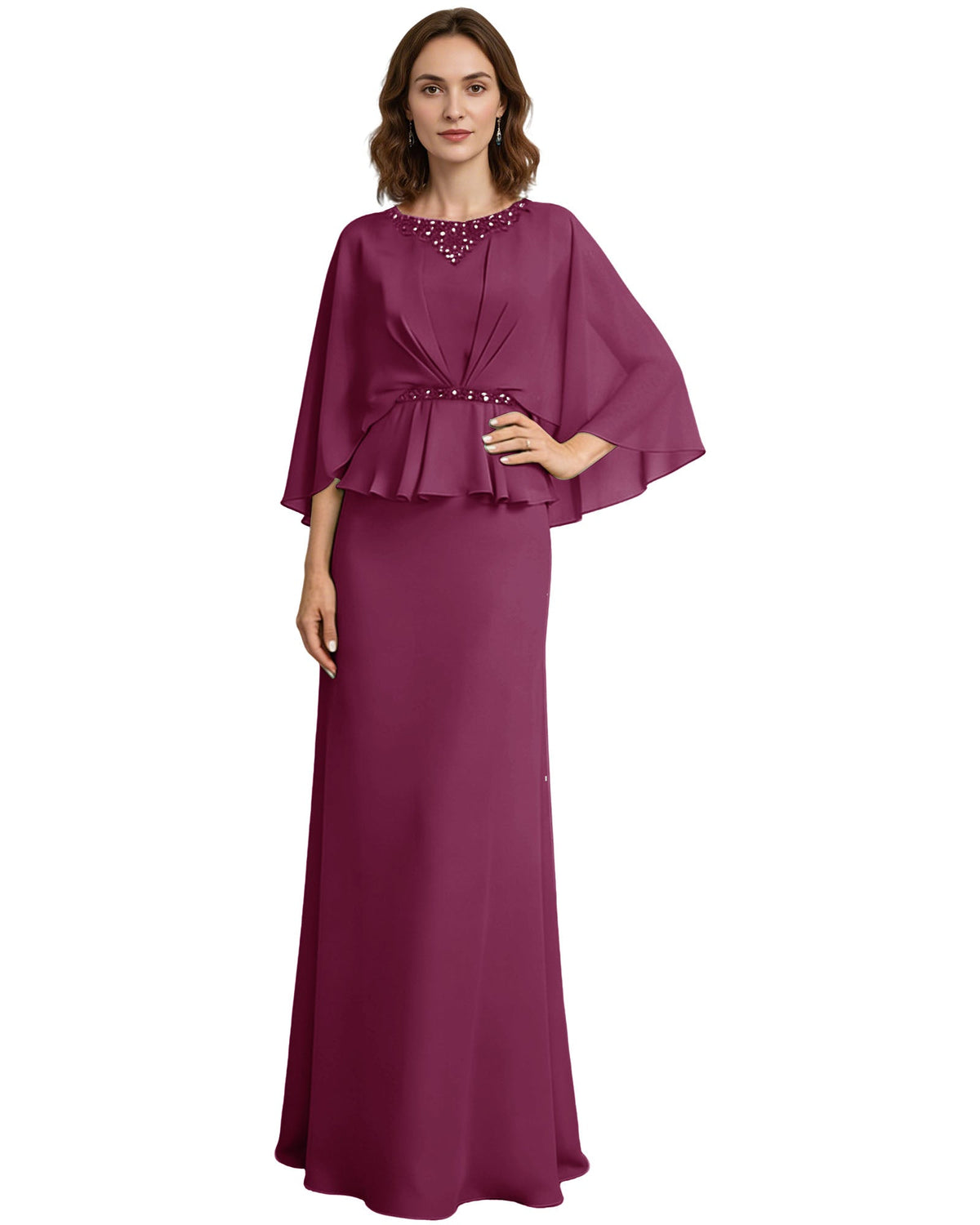 Plum purple long formal dress with beaded neckline, capelet sleeves, and peplum waist detail.