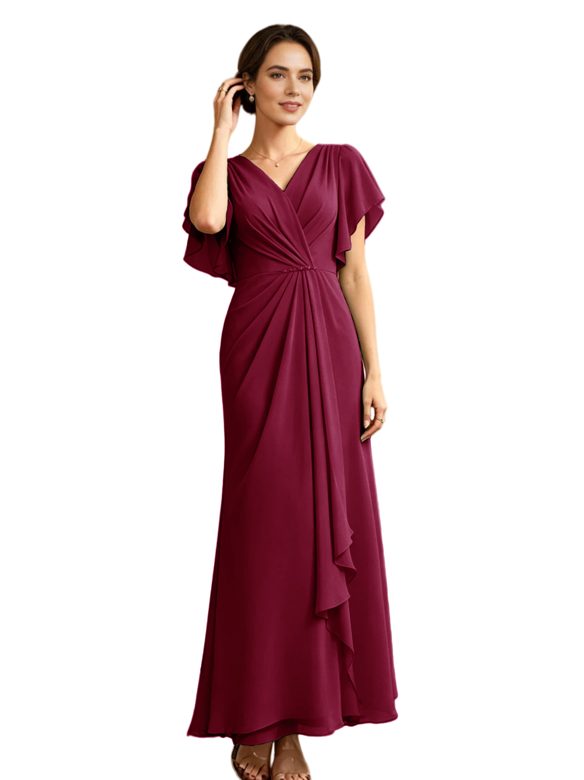 Deep pink V-neck chiffon mother-of-the-bride dress with flutter sleeves and draped A-line skirt