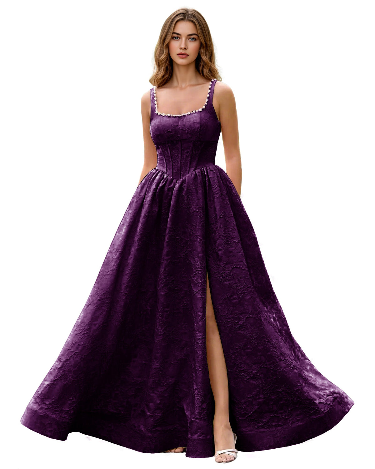 Purple square-neck jacquard ball gown with wide straps and front slit