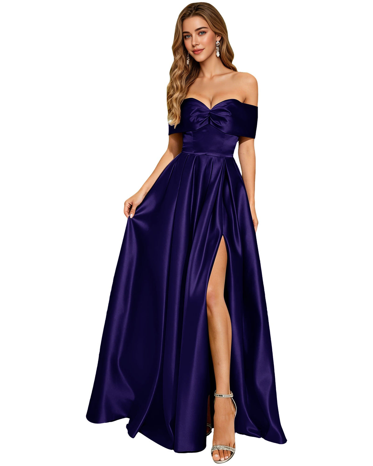 Navy purple satin off-shoulder A-line prom dress with bow bodice pleats and leg slit