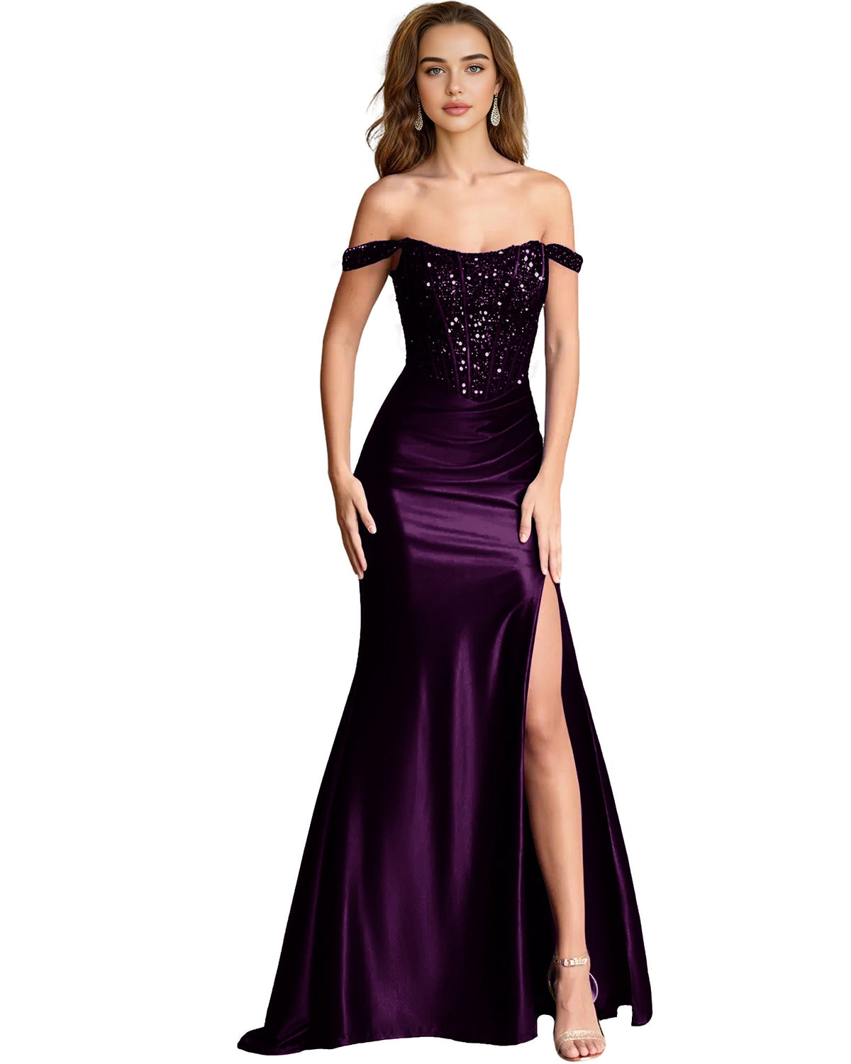 Off-shoulder sequin satin mermaid dress with draped slit, dark purple