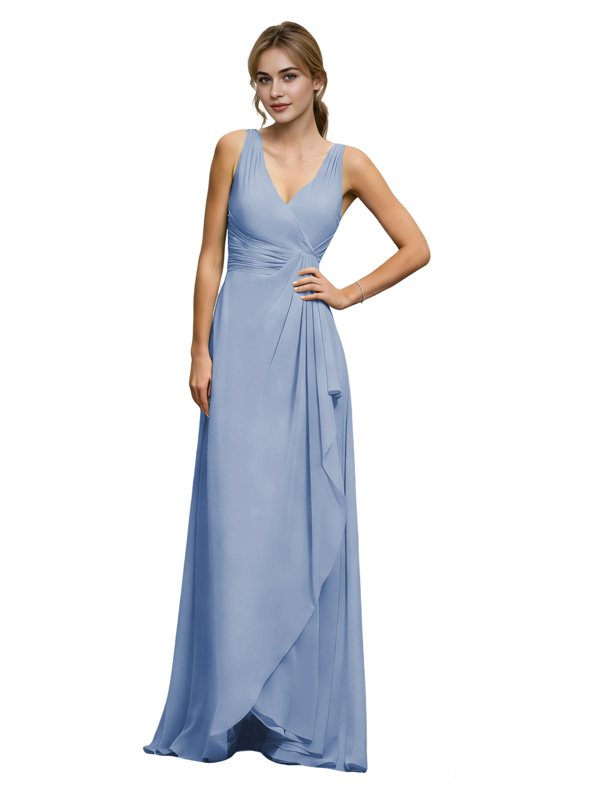 Dusty blue halter V-neck chiffon bridesmaid dress with draped sash waist