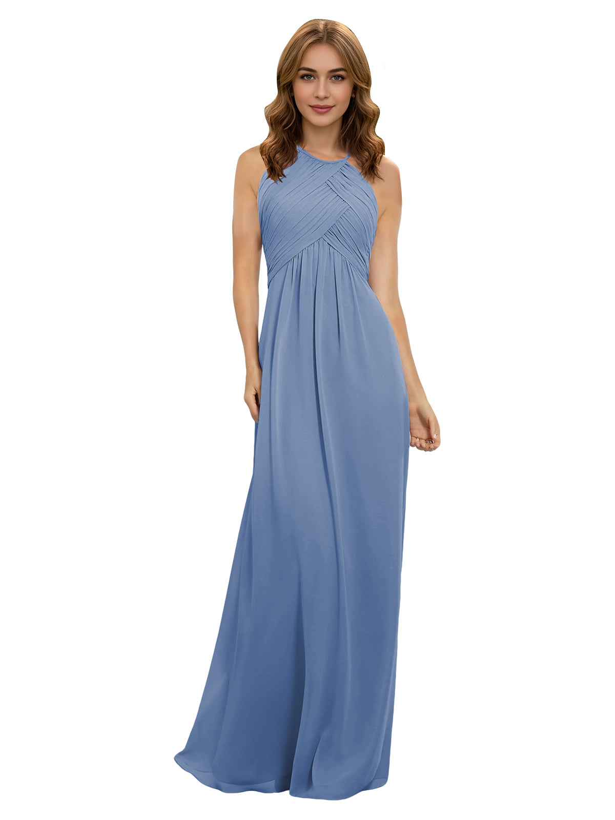 Light blue chiffon bridesmaid dress with twisted halter neckline and keyhole bodice