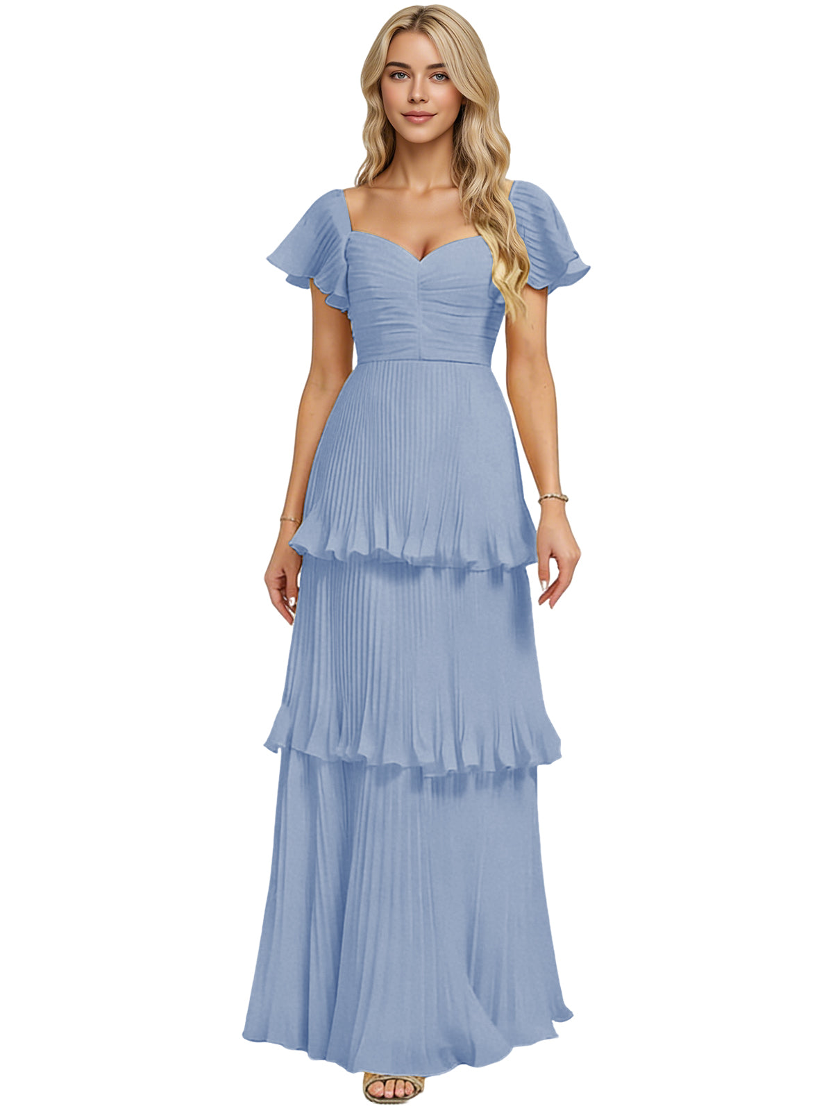 Tiered ruffle chiffon bridesmaid dress, pale blue, sweetheart neckline