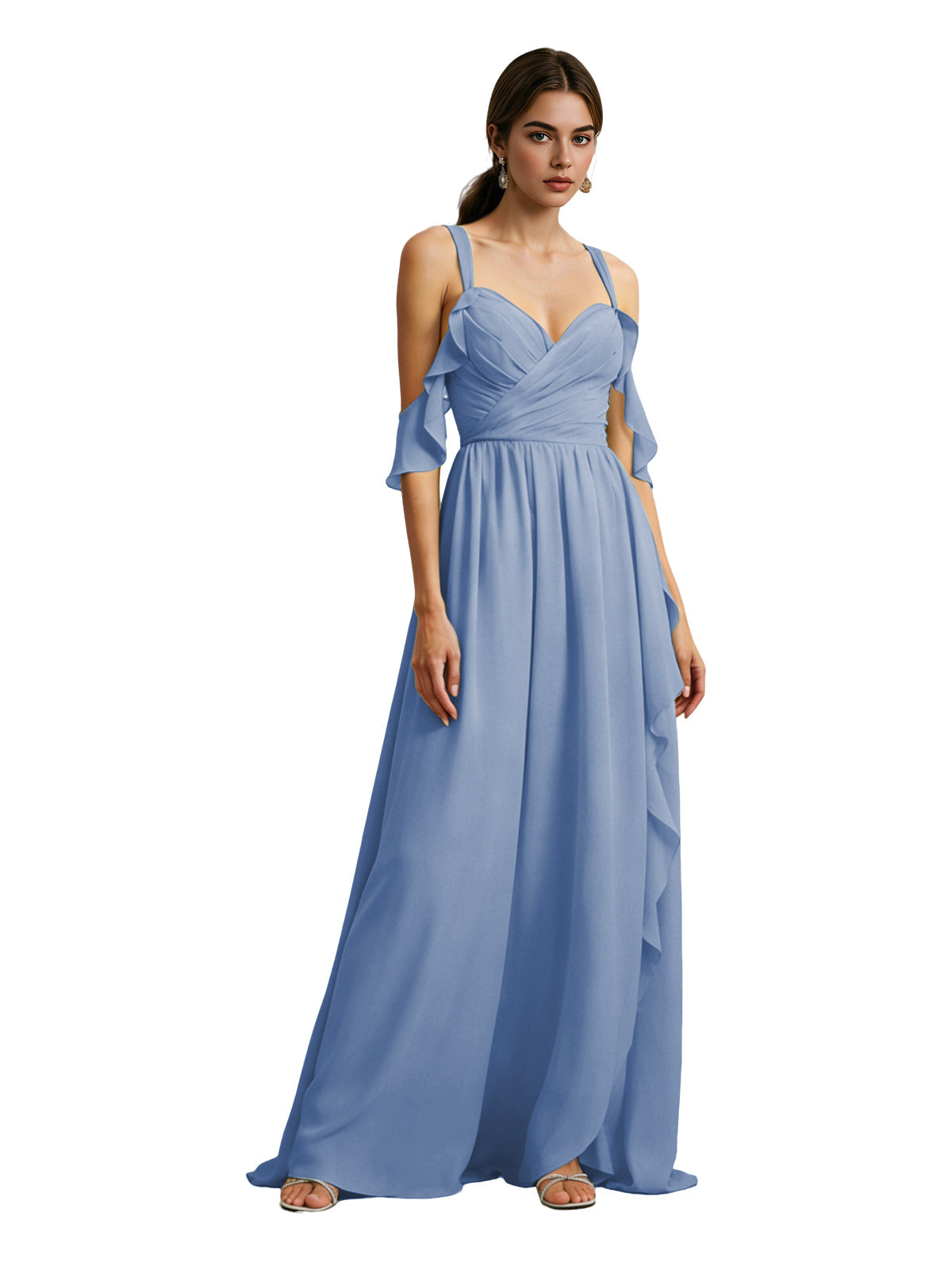 Cold-shoulder chiffon bridesmaid dress in periwinkle blue, draped V-neck bodice, flowing A-line skirt
