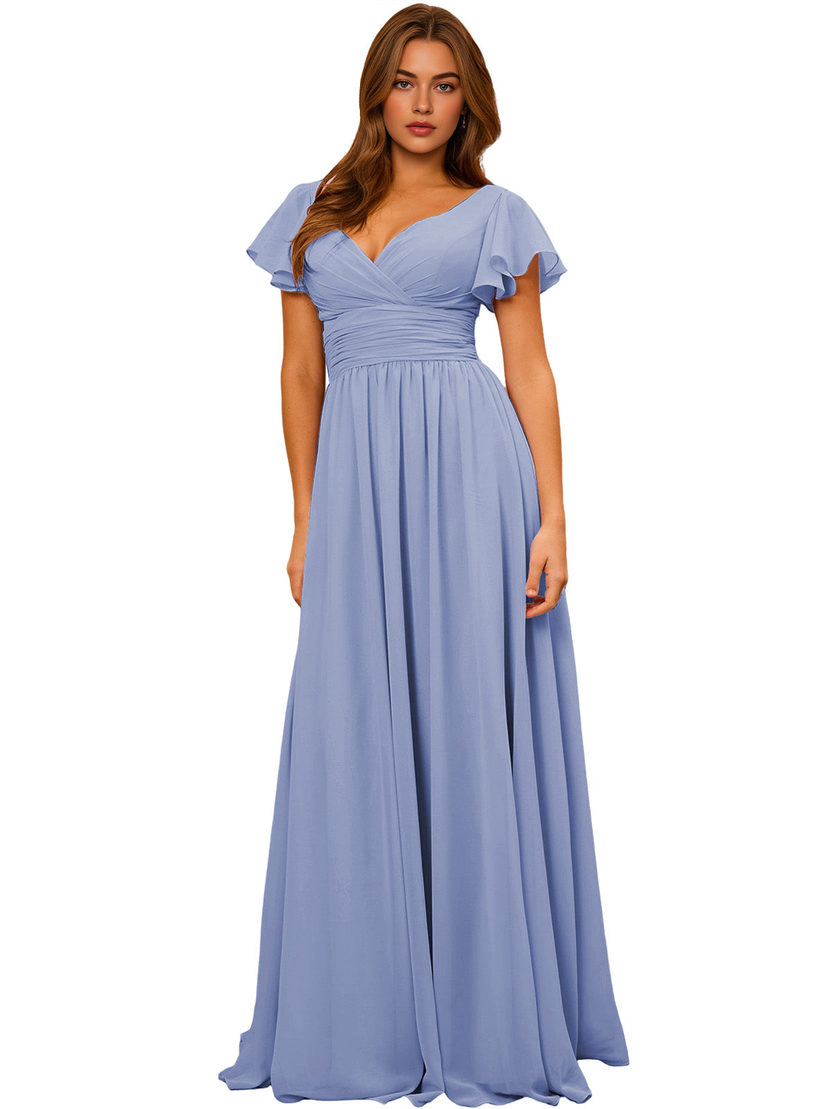 Powder blue chiffon bridesmaid dress with V-neck, flutter sleeves, empire waist, long maxi skirt.