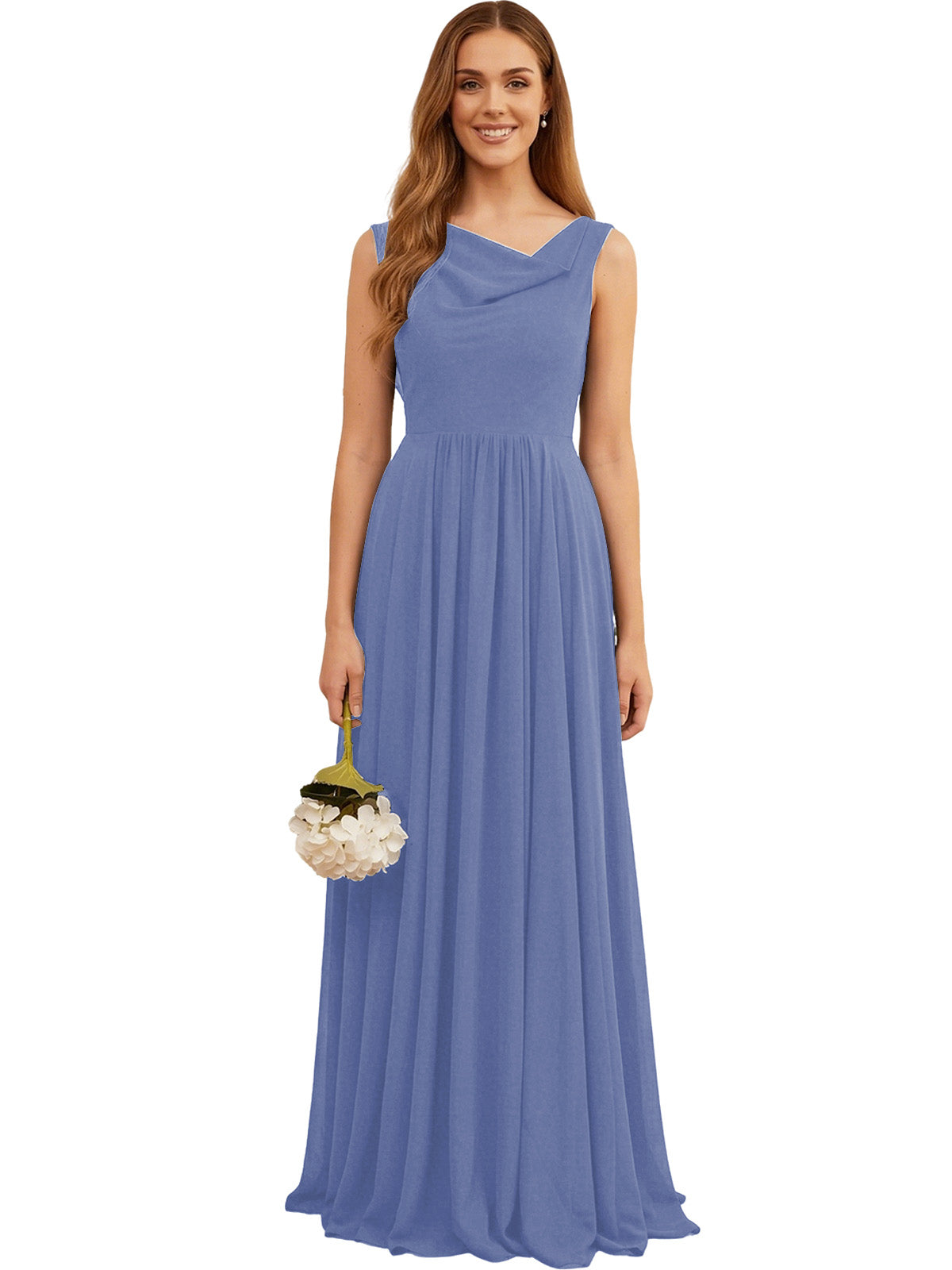 Periwinkle blue sleeveless chiffon bridesmaid dress with pleated skirt and jewel neckline