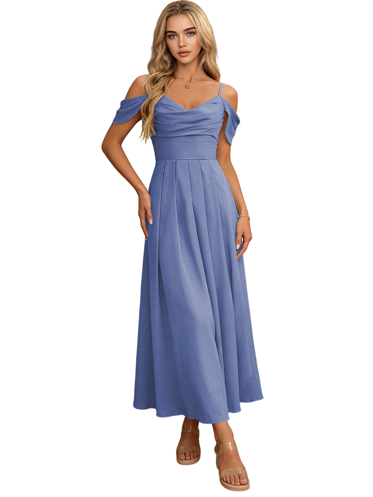Periwinkle blue off-shoulder midi bridesmaid dress with pleated bodice and flowing skirt
