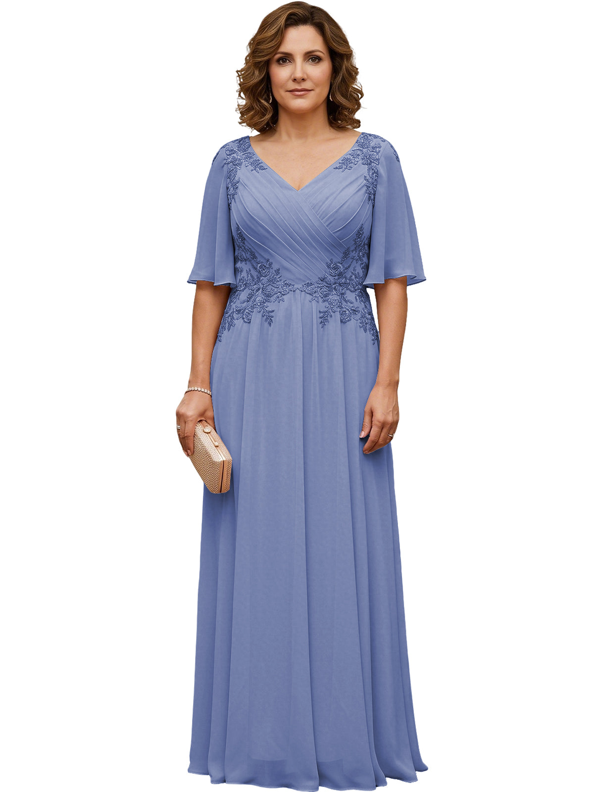 Women's long powder blue chiffon A-line gown with flutter sleeves and beaded lace detail