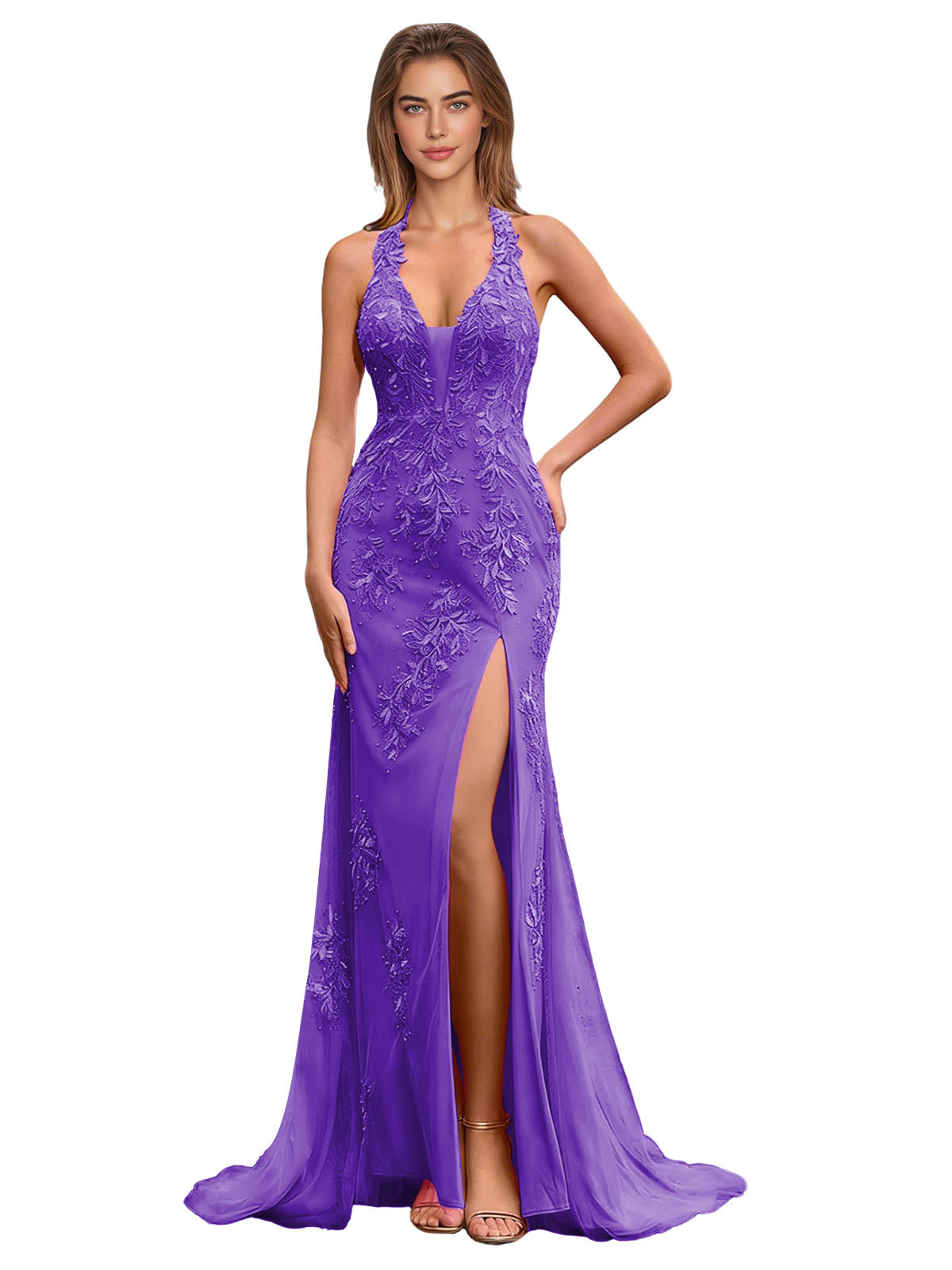 Purple halter lace mermaid prom dress with applique bodice and thigh slit
