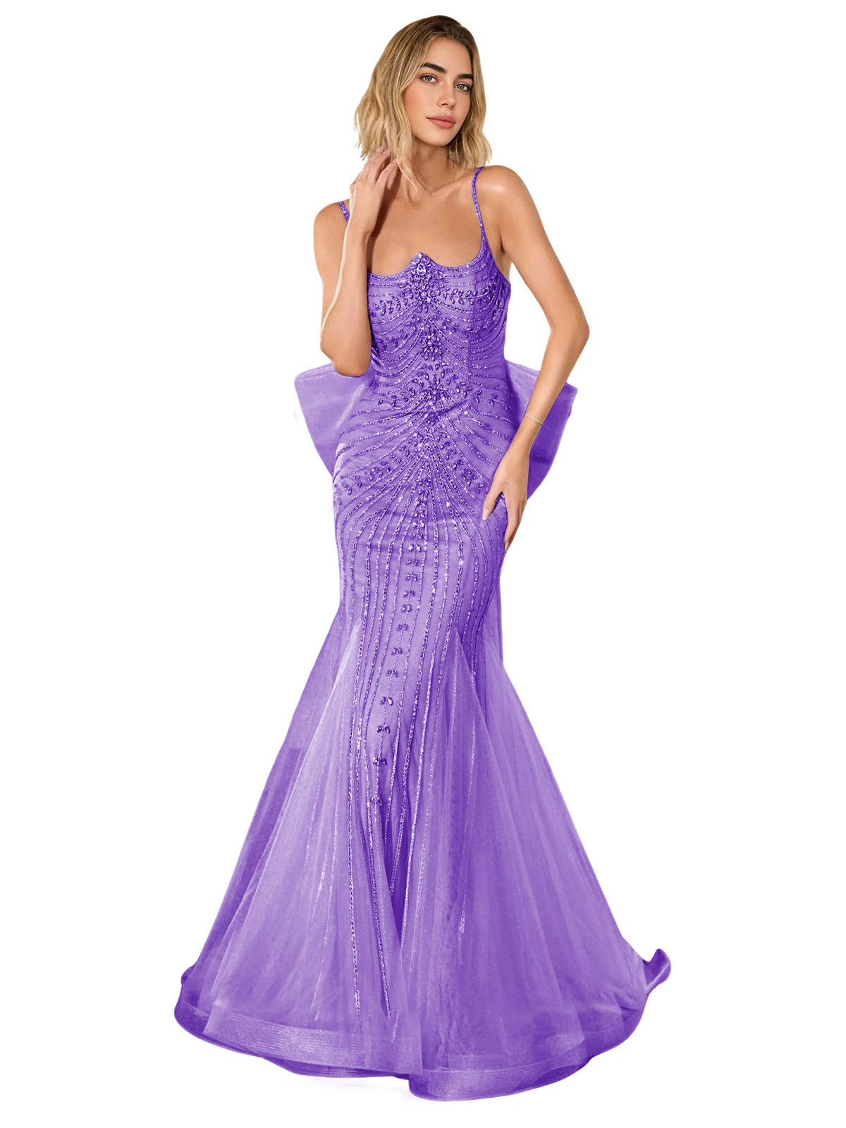 Lace corset-back trumpet prom dress, purple with glitter lace bodice and sweep train