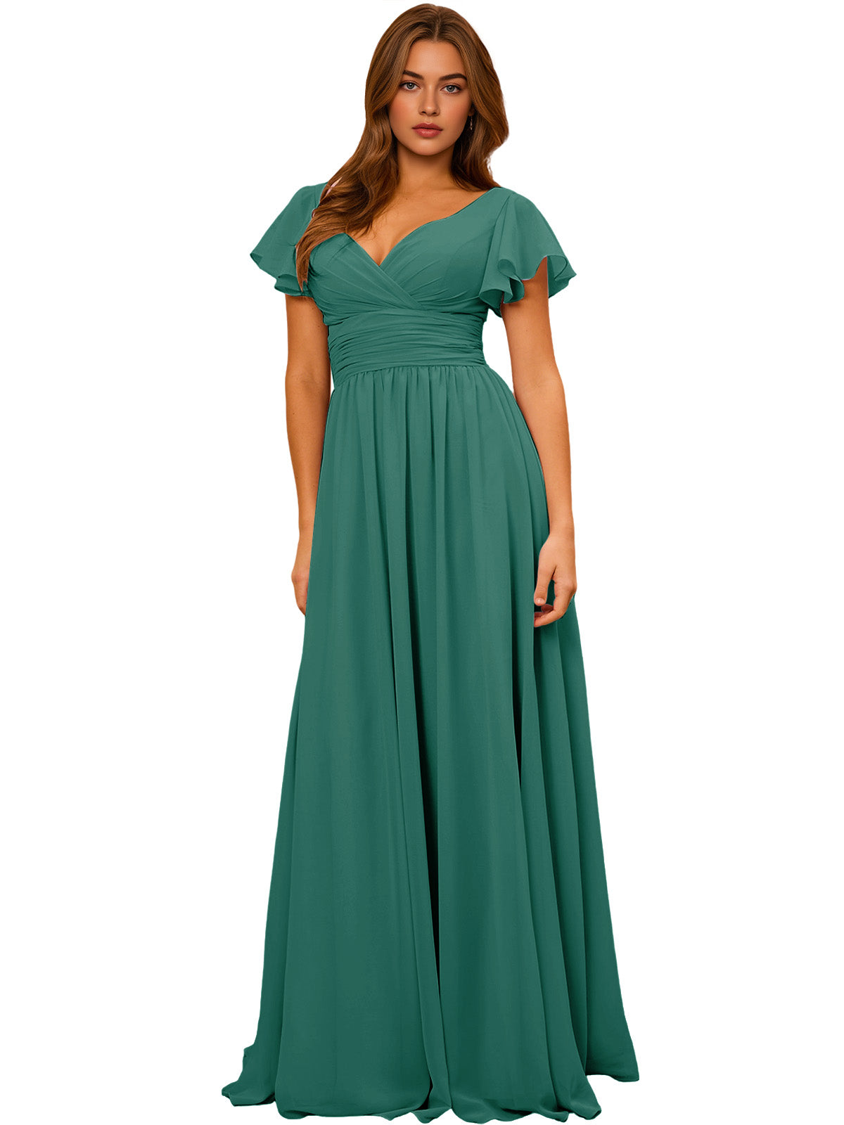 Teal chiffon bridesmaid dress with V-neck, flutter sleeves, empire waist, long maxi skirt.