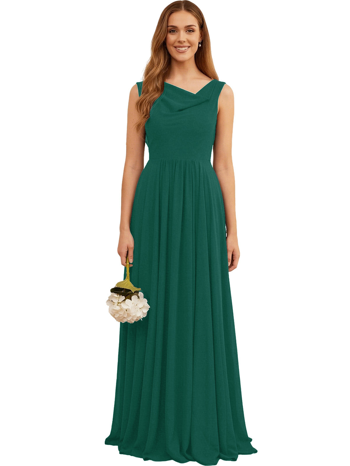 Teal green sleeveless chiffon bridesmaid dress with pleated skirt and jewel neckline