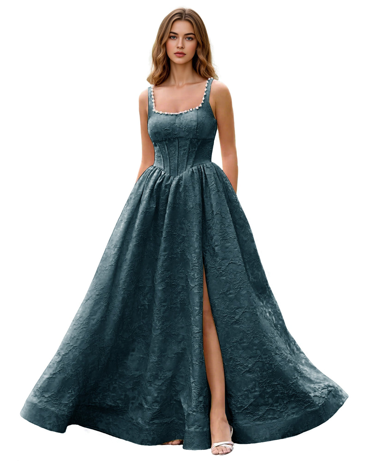 Teal square-neck jacquard ball gown with wide straps and front slit