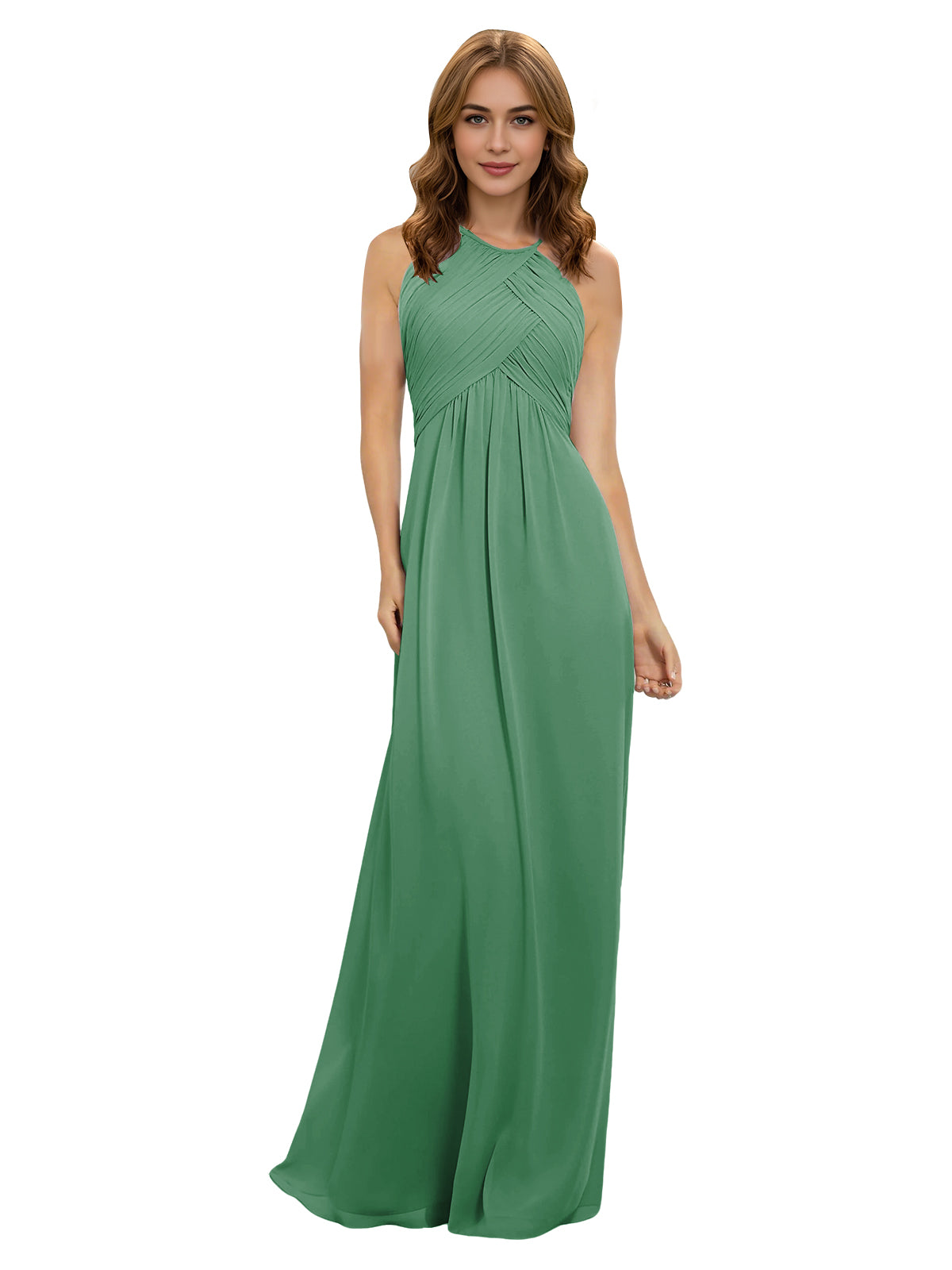 Green chiffon bridesmaid dress with twisted halter neckline and keyhole bodice