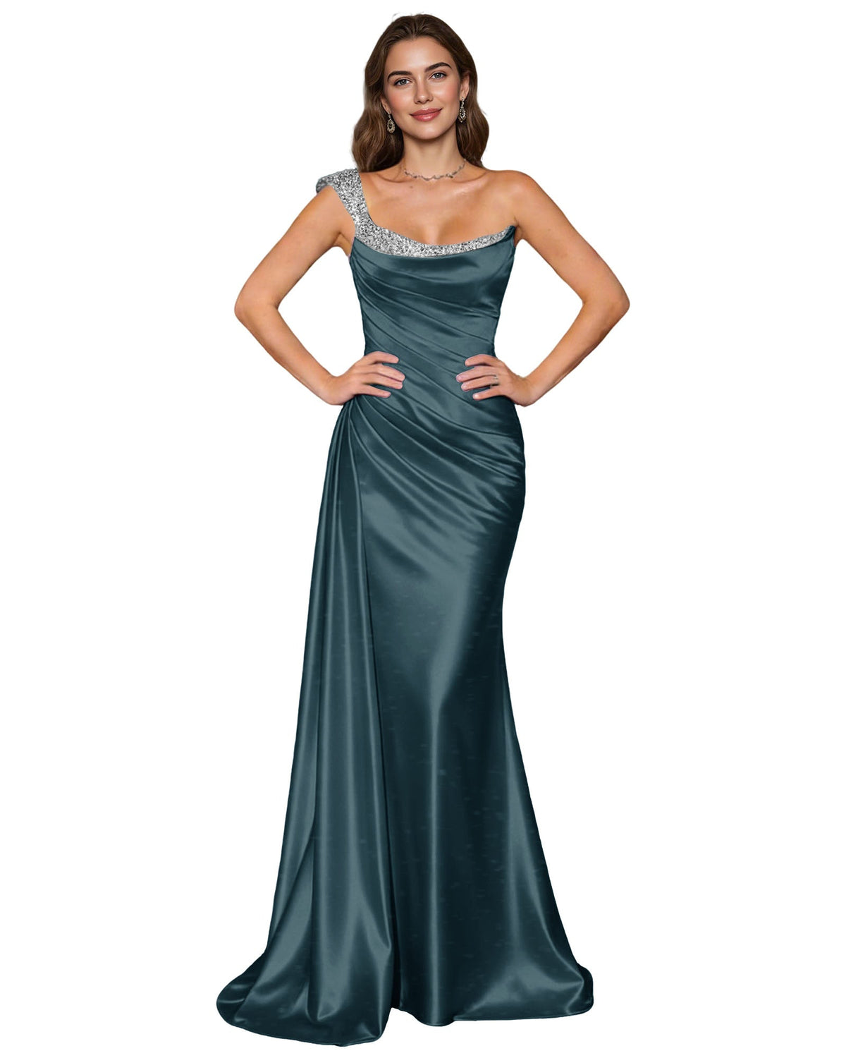 Teal satin mermaid prom dress with draped cowl neck, spaghetti straps, rhinestone trim