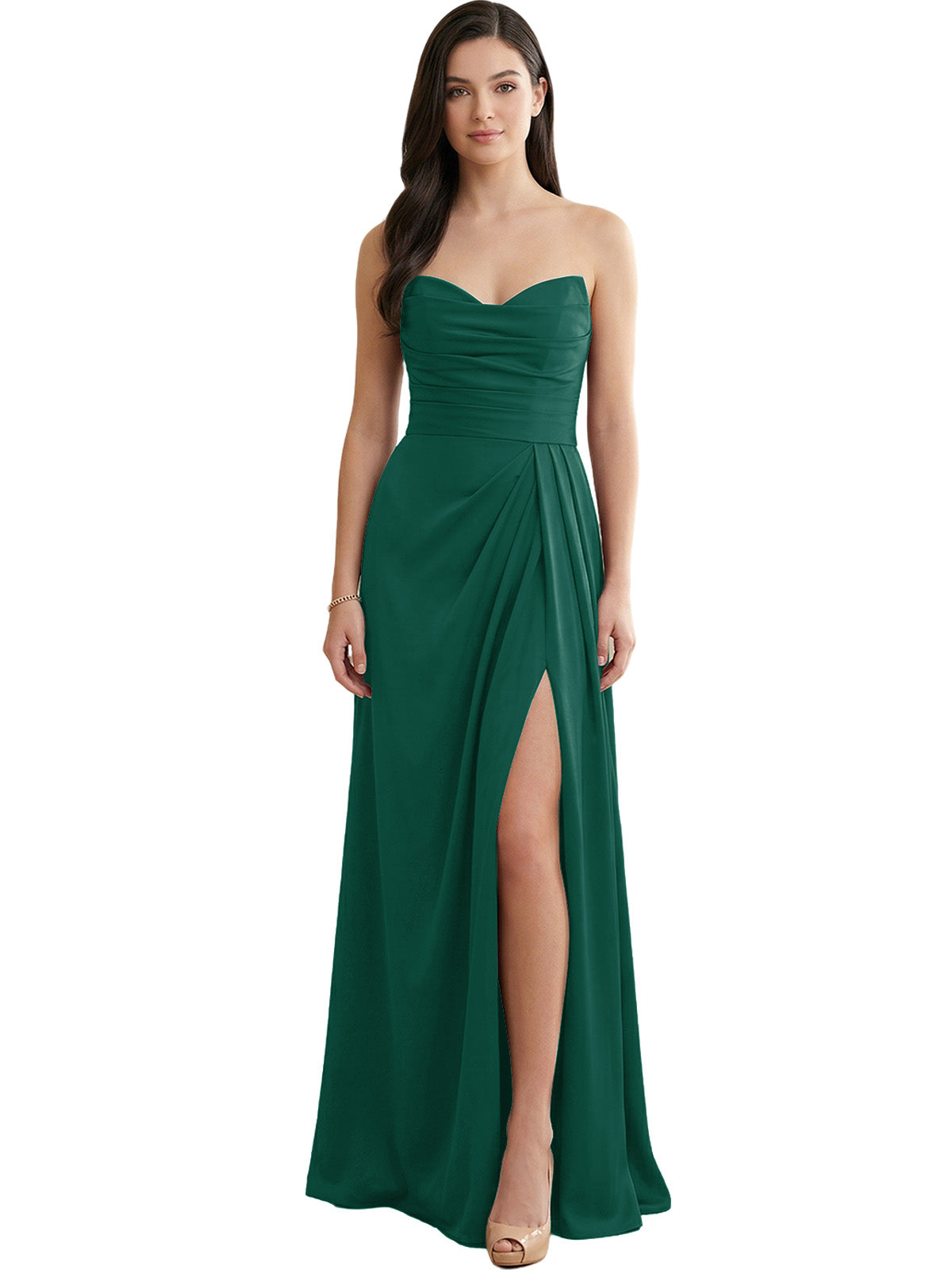 Strapless satin bridesmaid dress in emerald green with pleats and side slit