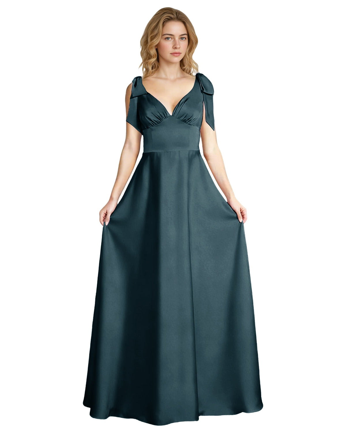 Dark teal satin V-neck empire waist bridesmaid dress with bow straps