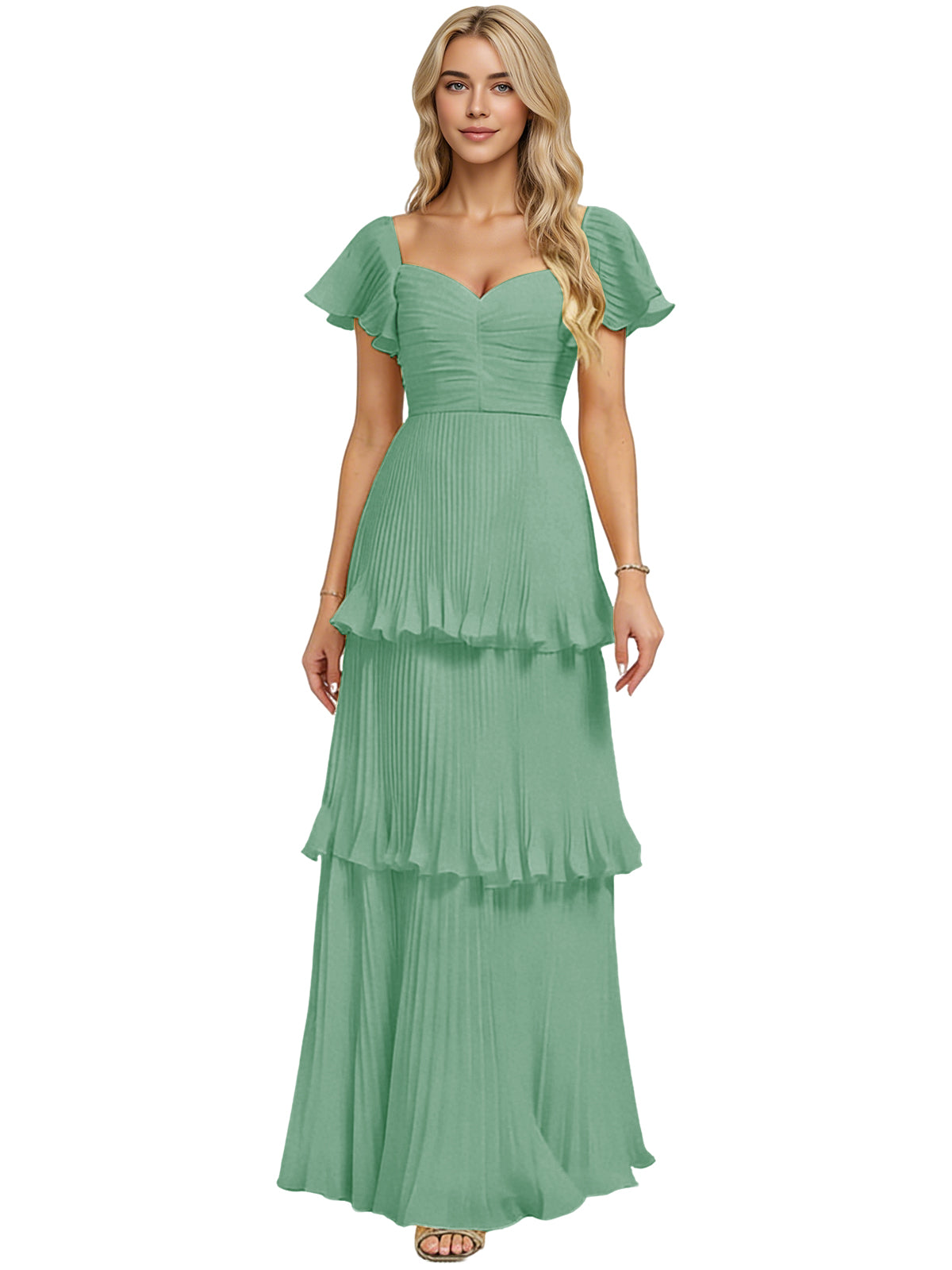Tiered ruffle chiffon bridesmaid dress, mint green, sweetheart neckline
