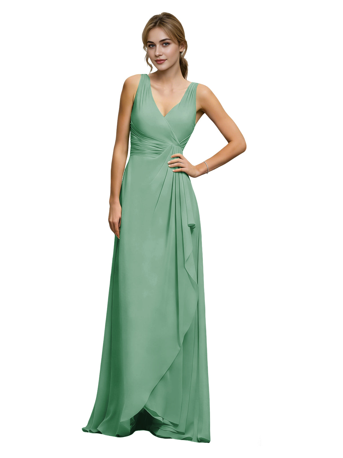 Mint green halter V-neck chiffon bridesmaid dress with draped sash waist