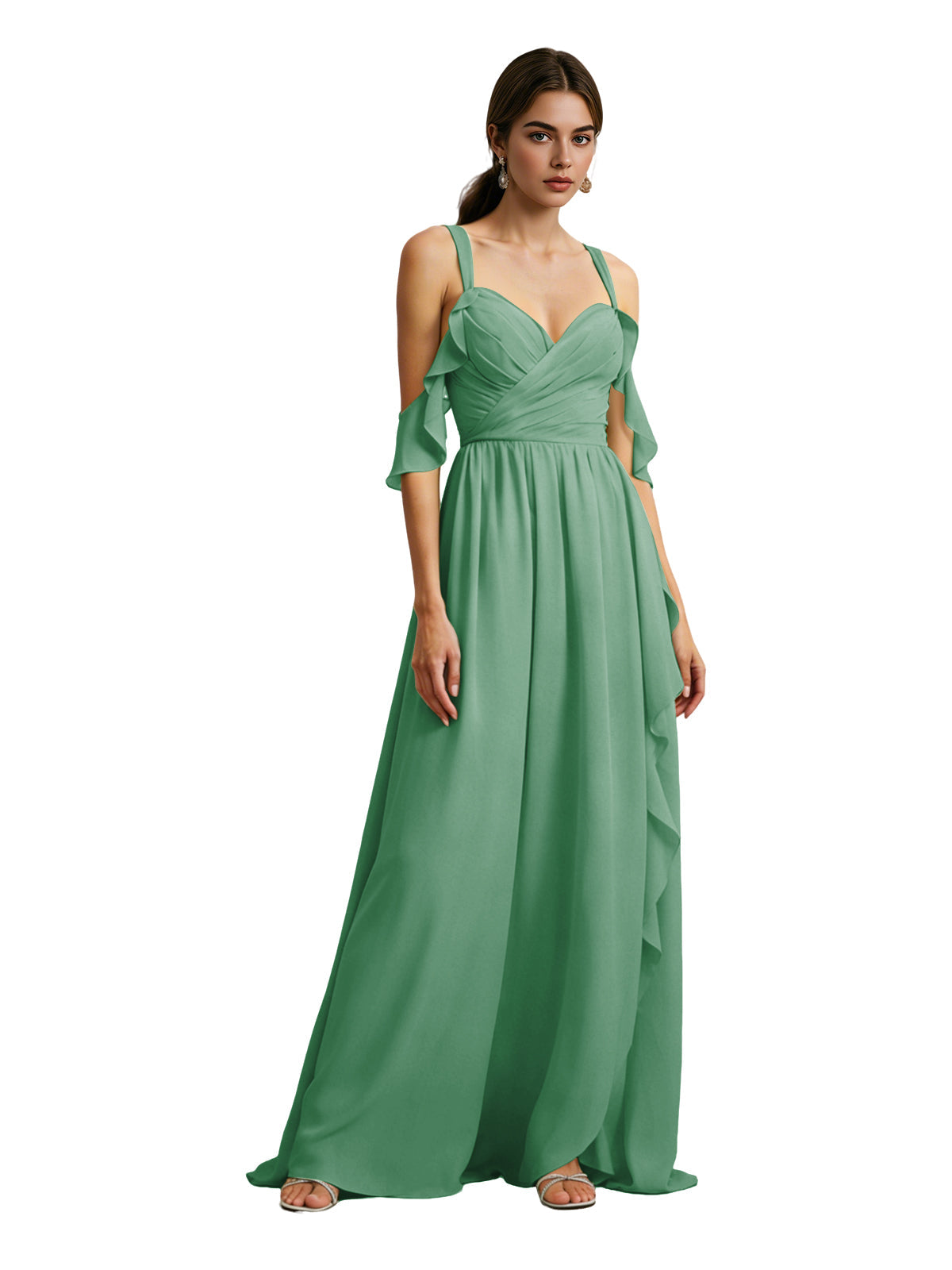 Cold-shoulder chiffon bridesmaid dress in mint green, draped V-neck bodice, long flowing skirt