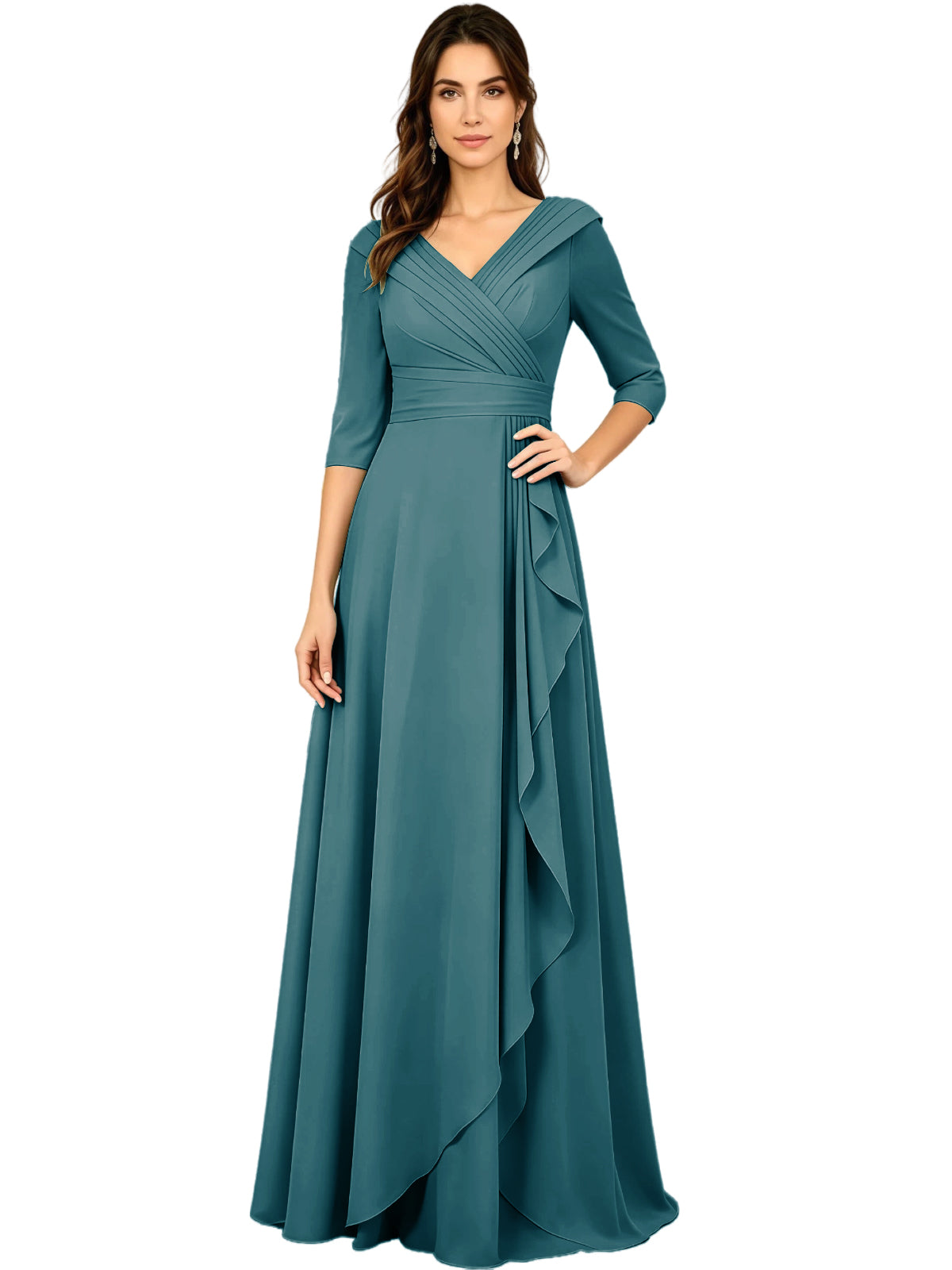 Long A-line V-neck half-sleeve chiffon dress in teal green with side ruffle