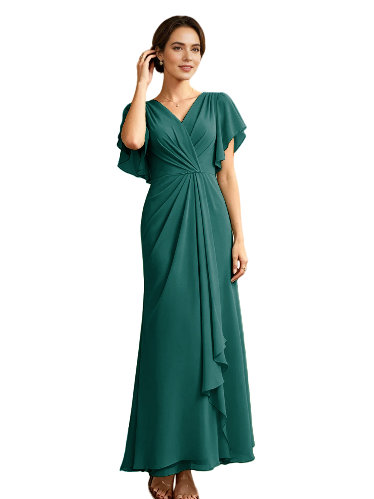 Emerald green V-neck chiffon mother-of-the-bride dress with flutter sleeves and draped A-line skirt