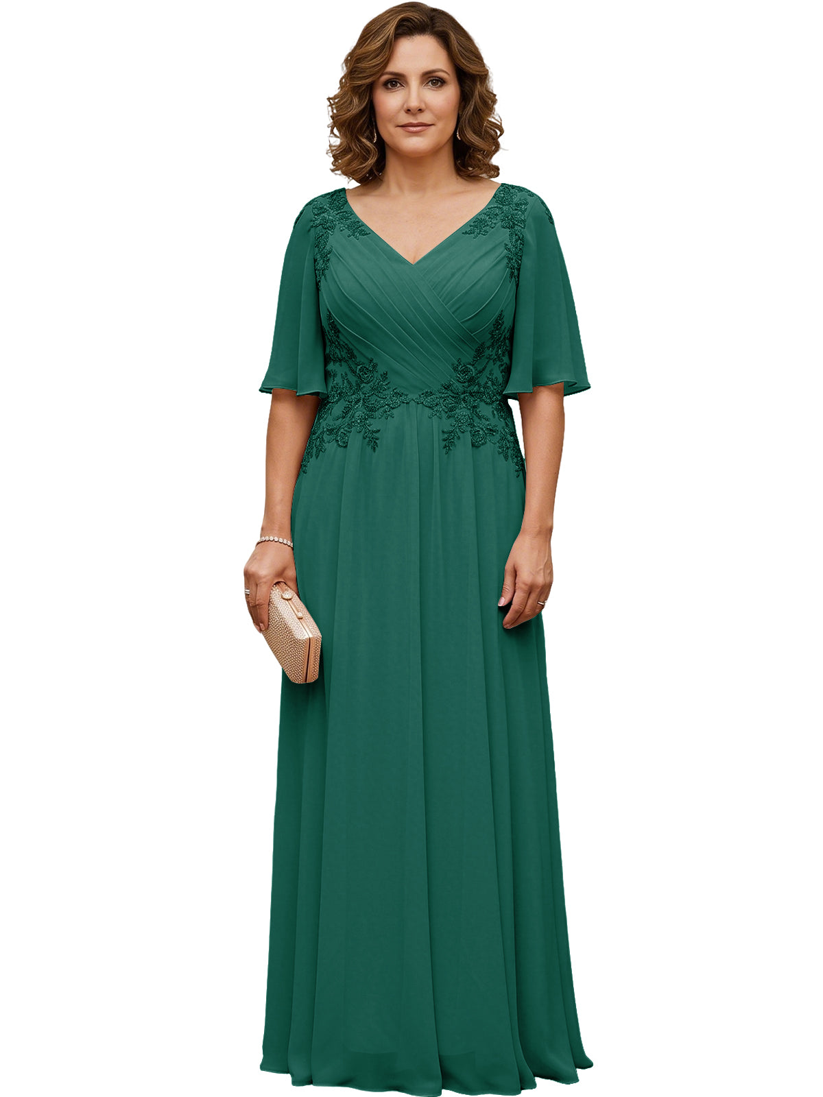 Women's long emerald green chiffon A-line gown with flutter sleeves and beaded lace detail