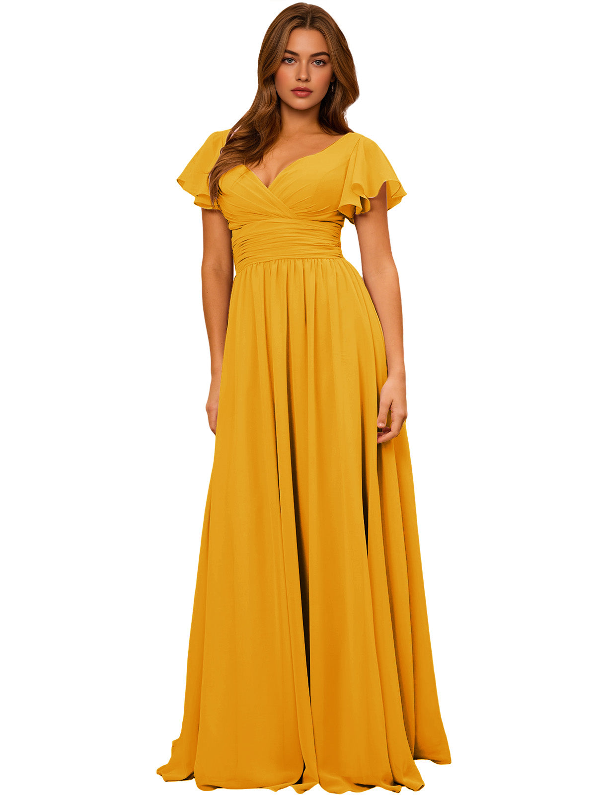 Mustard chiffon bridesmaid dress with V-neck, flutter sleeves, empire waist, long maxi skirt.