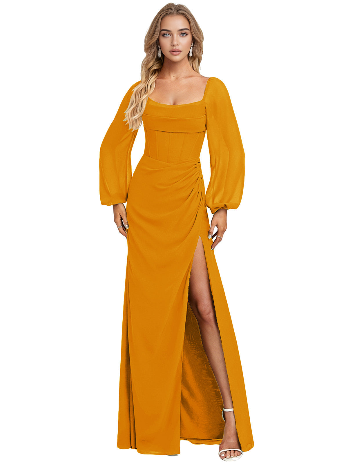 Mustard satin bridesmaid dress with square neckline, long puff sleeves, and side slit