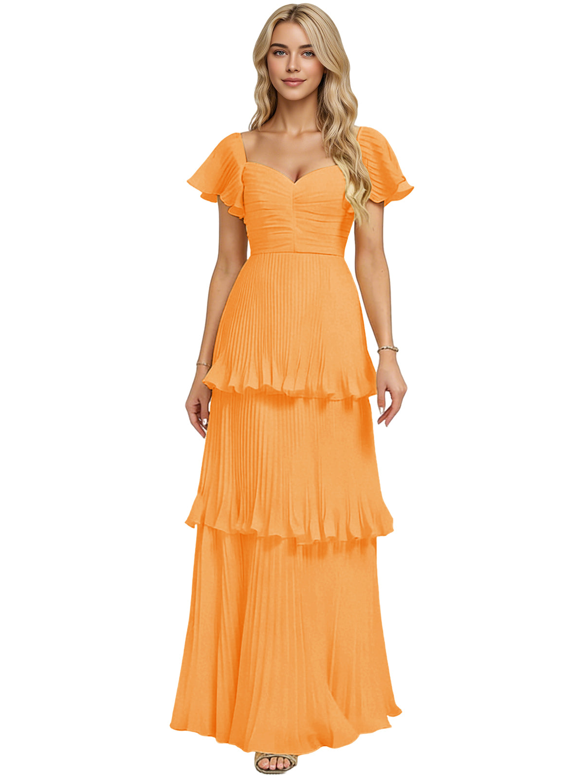 Orange chiffon tiered ruffle bridesmaid dress with sweetheart neckline and off-shoulder sleeves
