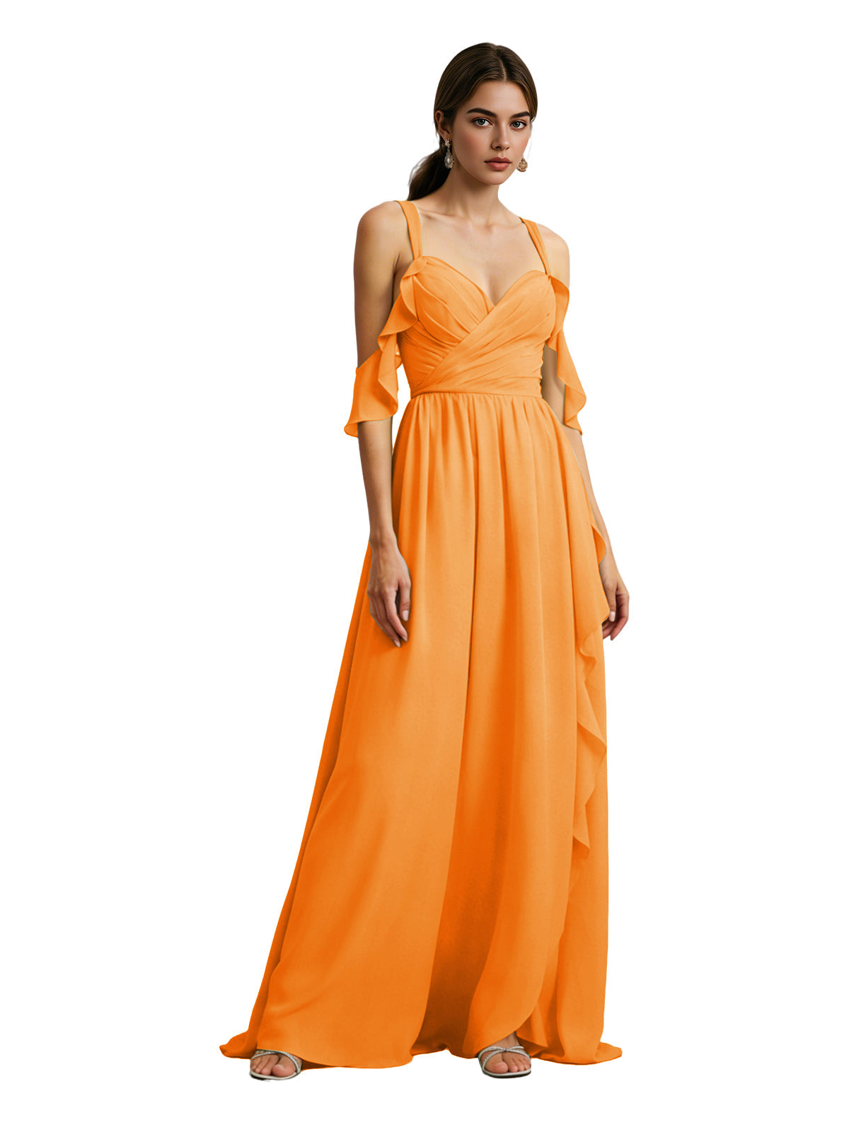 Cold-shoulder chiffon bridesmaid dress, orange, draped V-neck bodice, flowing skirt