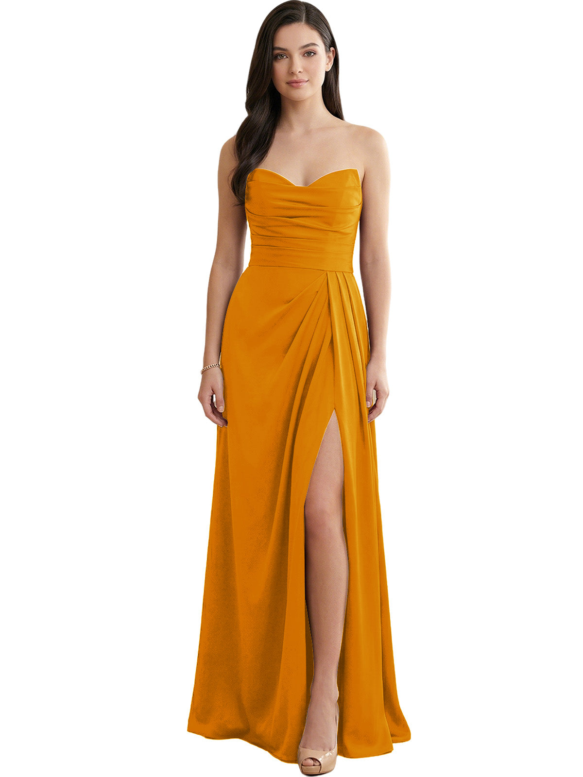 Strapless pleated satin bridesmaid dress with side slit, golden yellow, sweetheart neckline