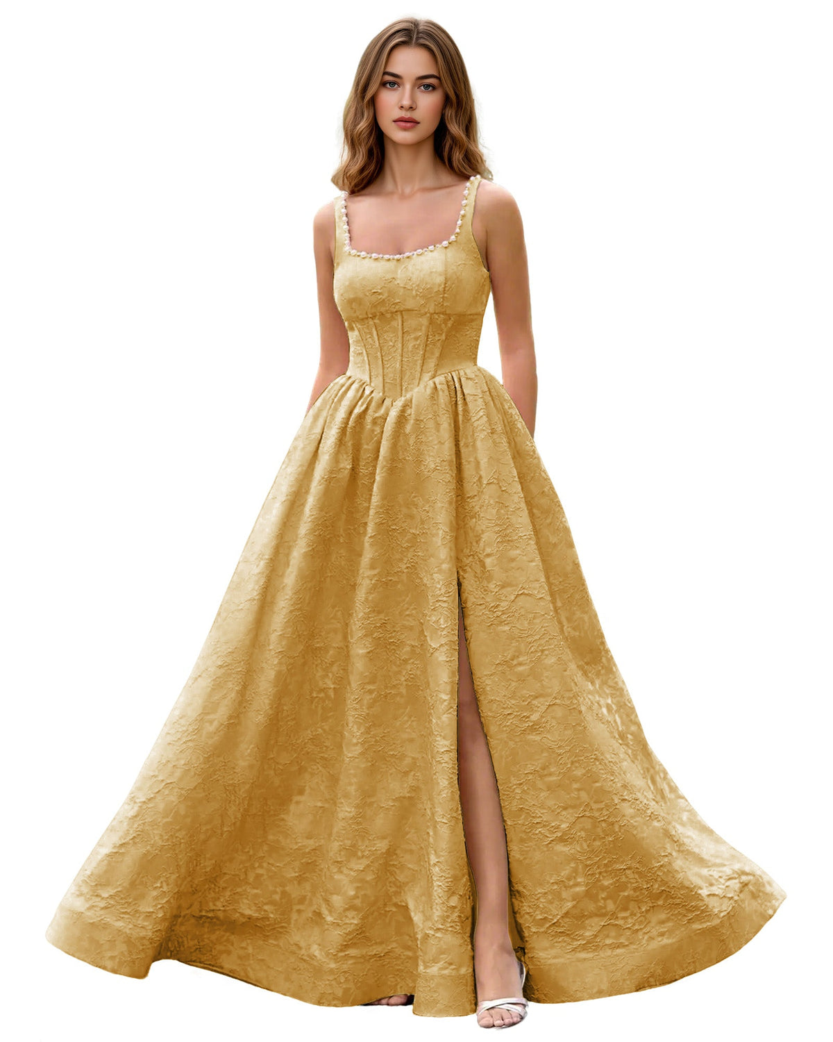 Champagne square-neck jacquard ball gown with wide straps and front slit