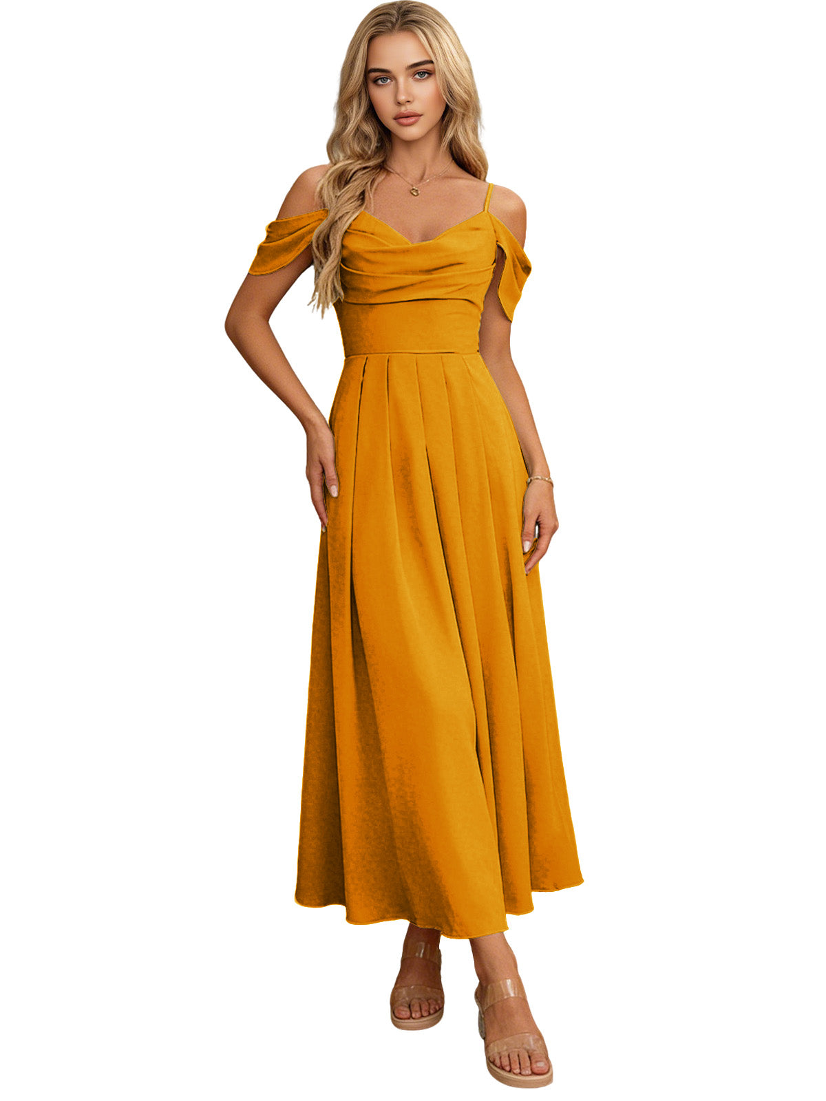 Mustard off-shoulder midi dress with pleated bodice and flowing skirt