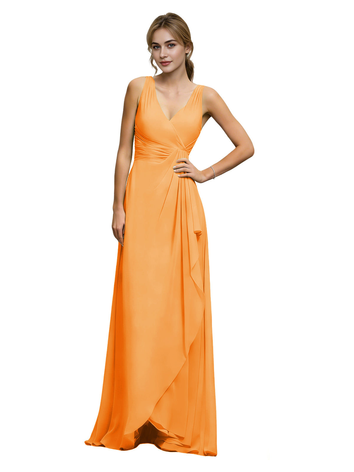 Orange chiffon halter V-neck bridesmaid dress with draped sash waist and flowing skirt