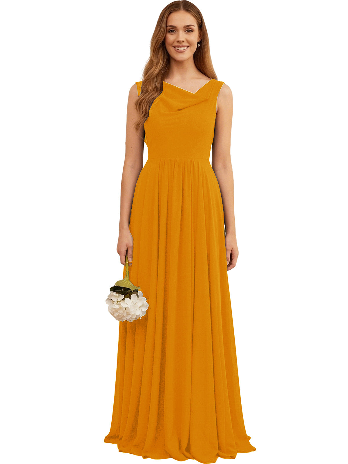 Sleeveless chiffon bridesmaid dress, gold pleated skirt, V-neck, ankle length