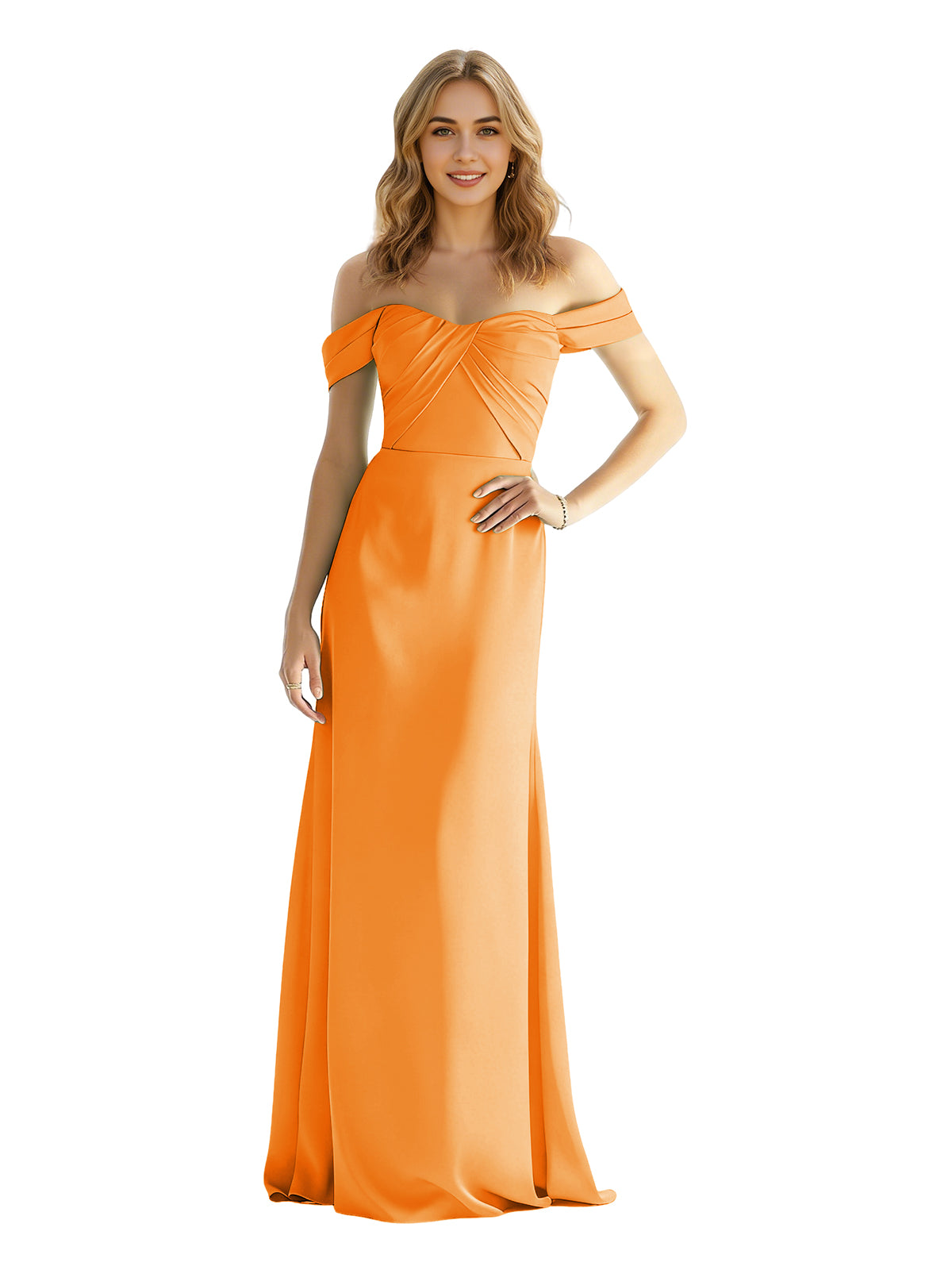 Orange satin off-shoulder bridesmaid dress with wrapped sweetheart bodice