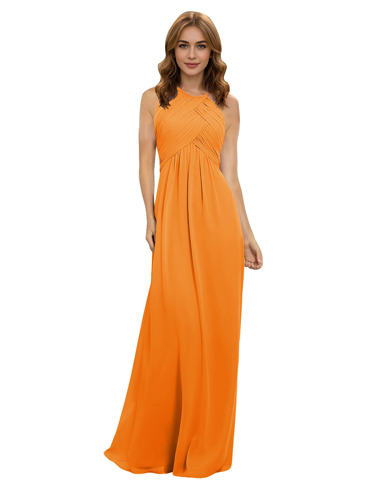 Orange chiffon bridesmaid dress with twisted halter neckline and keyhole bodice