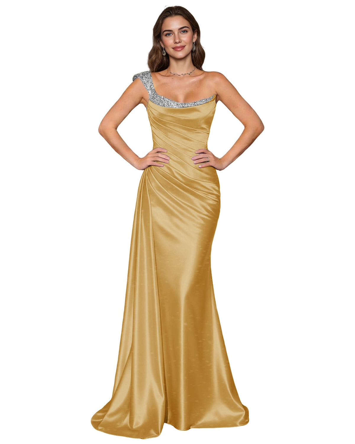 Gold satin mermaid prom dress with draped cowl neck, spaghetti straps, rhinestone trim