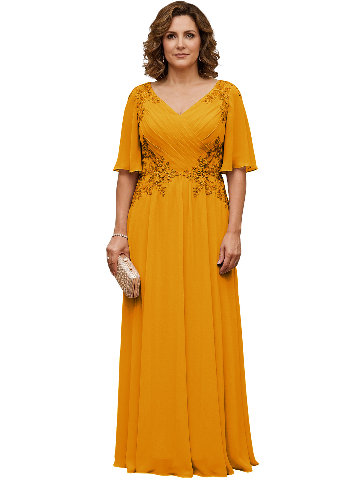 Women's long mustard yellow chiffon A-line gown with flutter sleeves and beaded lace detail