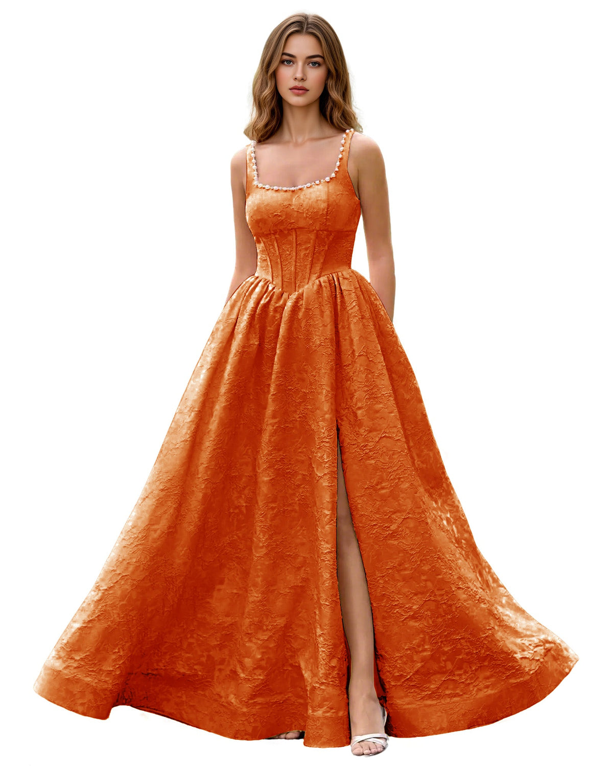 Orange square-neck jacquard ball gown with wide straps and front slit